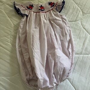 Smocked Bubble Romper with Anchor Embroidery and Bows Red White Blue